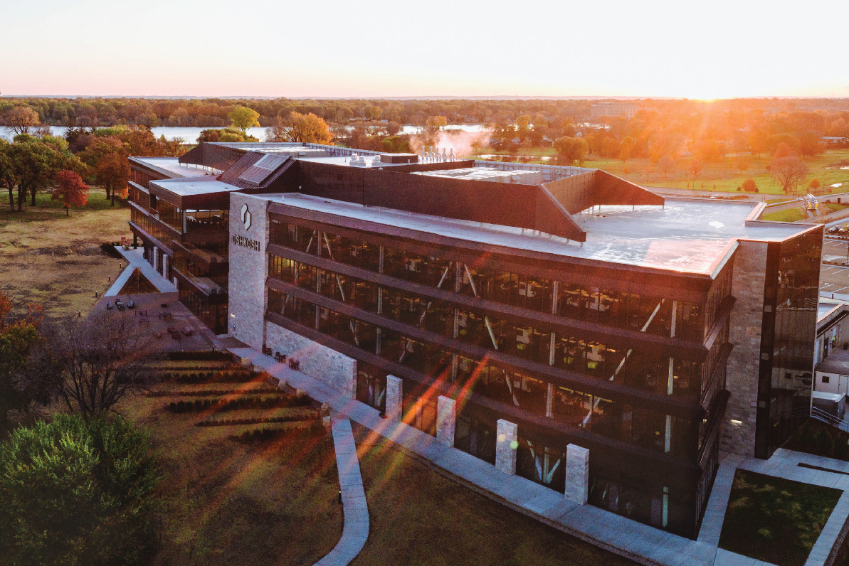 View of the global headquarters in Oshkosh, WI at sunrise