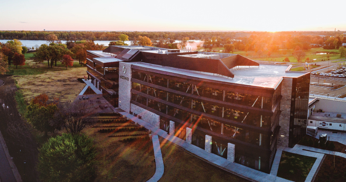 View of the global headquarters in Oshkosh, WI at sunrise