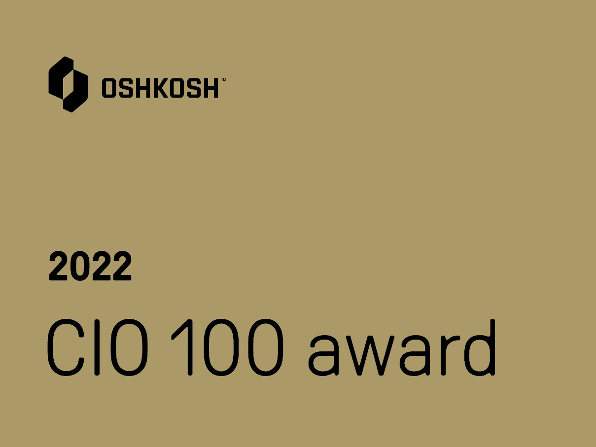 Khaki background with black Oshkosh logo and black text that reads 2022 CIO 100 award