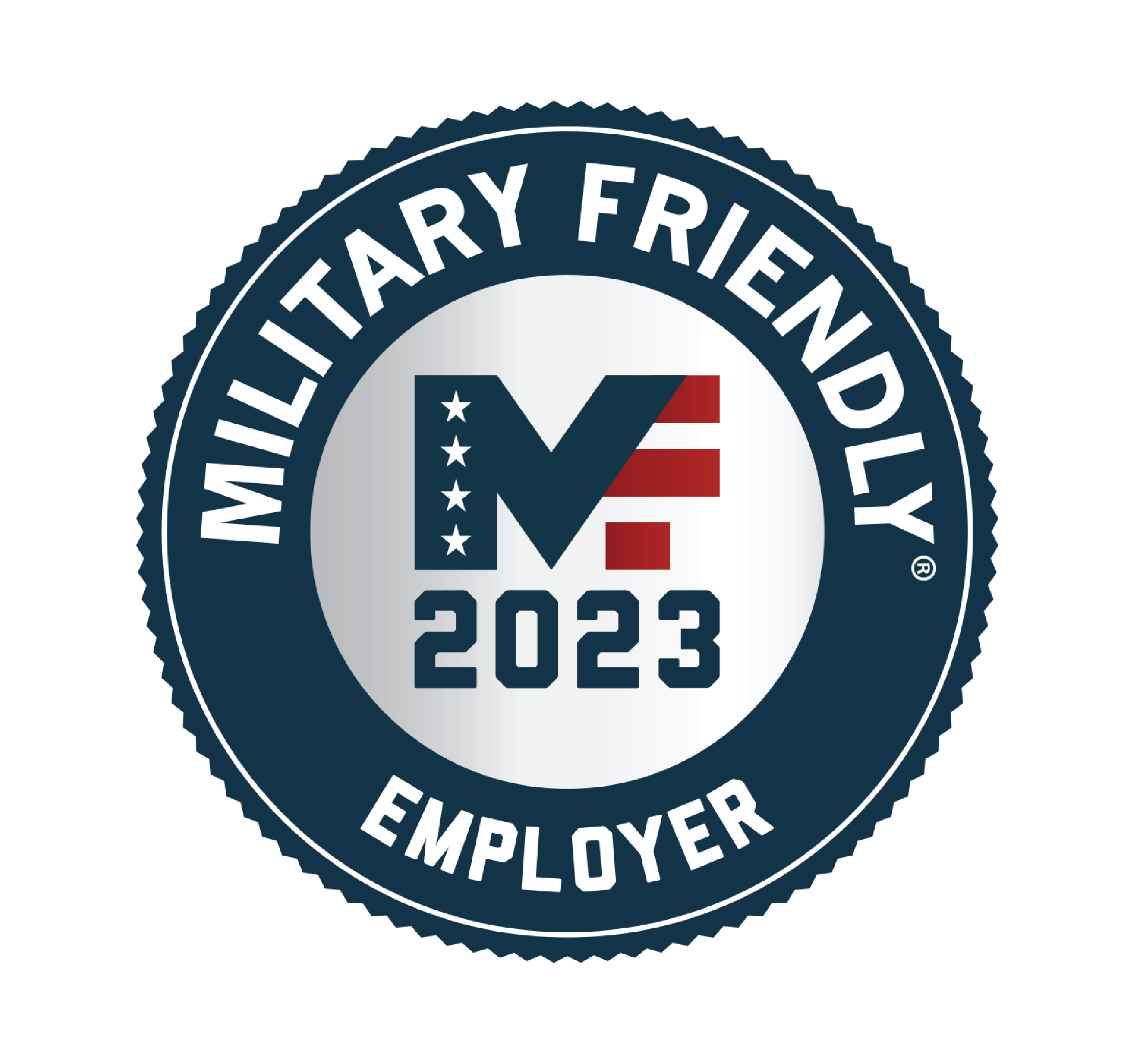 Blue and silver award logo that reads Military Friendly Employer 2023