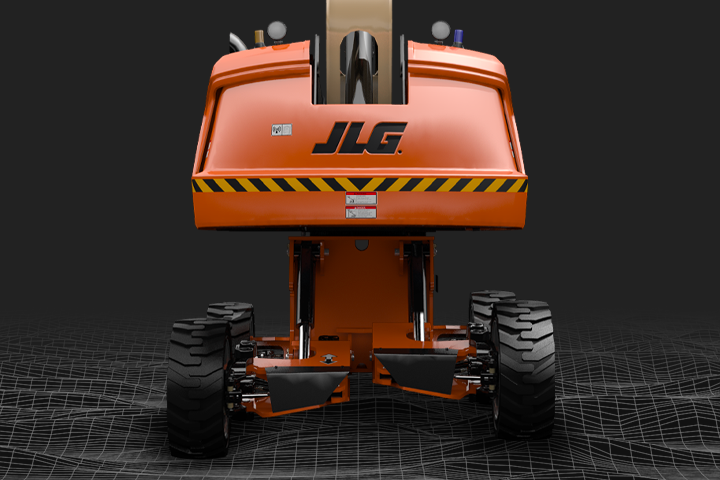 Orange JLG self leveling boom lift on white terrain pattern with a black background